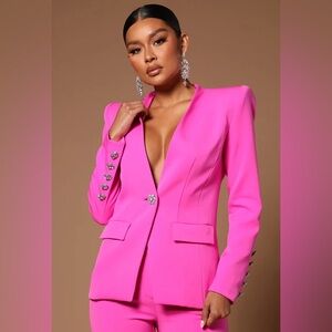 Fashion Nova Luxe Vibrant Pink Blazer with Jeweled Buttons